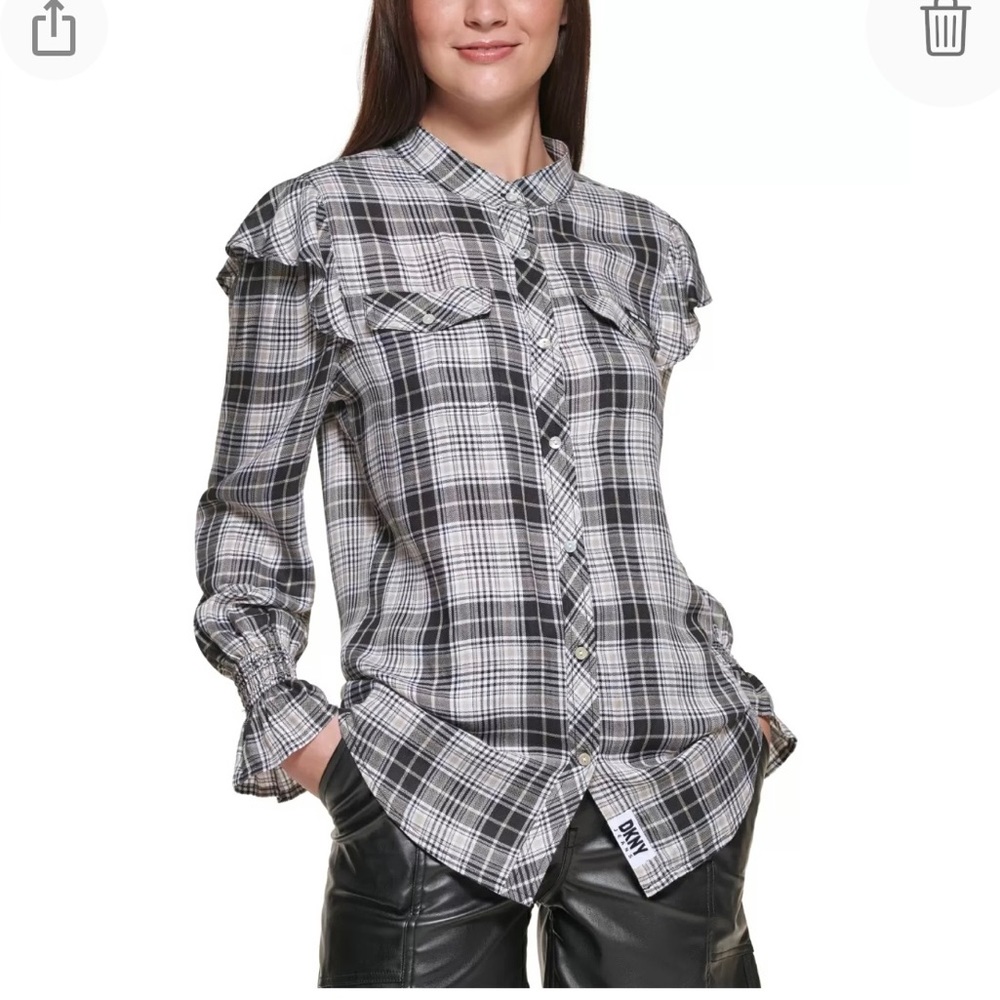 NWT DKNY Jeans Ruffled Plaid Flannel Shirt with not your average flannel details